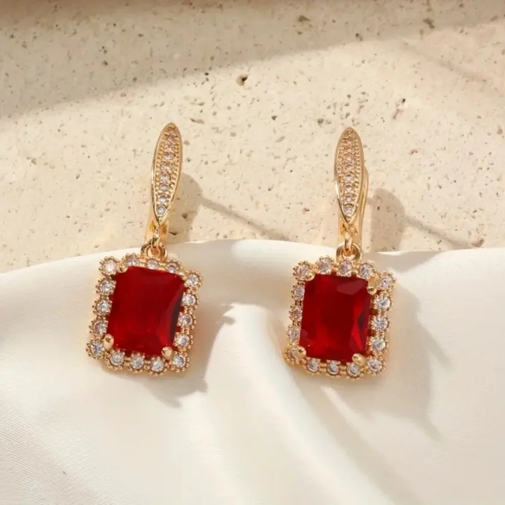 14K Gold Hanging Drop 2ct Red Ruby Gemstone 1ct Diamond Earrings Ladies Jewelry
